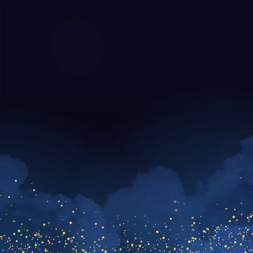 Magic night dark blue frame with sparkling glitter bokeh and light art. Square vector wedding card. Gold confetti and navy background. Golden scattered celestial dust. Fairytale magic star template