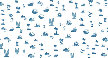 Palm trees, surfboards, waves, and seagulls create a summery white background with a blue motif suggesting a tropical holiday or coastal design.