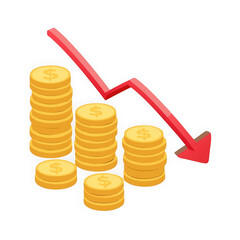 Financial downturn represented by descending stacks of gold coins and a red arrow isolated on transparent background
