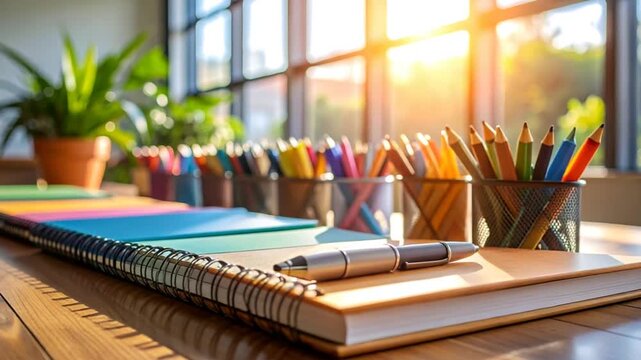 Colorful notebooks and supplies on desk