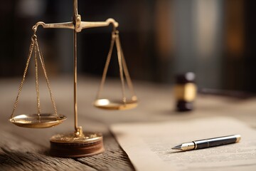 Golden scales of justice with pen and legal document on wooden desk in law office, symbolizing fairness, balance, law and legal decision-making