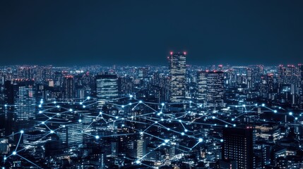 Fototapeta premium A nighttime view of skyline features illuminated buildings connected by digital lines, showcasing the city's vibrant energy and technological landscape