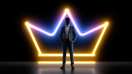 Fototapeta premium A silhouette of a man in a suit stands confidently in front of a glowing crown backdrop, symbolizing power and authority.