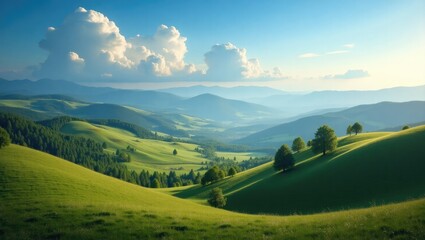 Fototapeta premium Lush green hills and valleys under a vast blue sky.