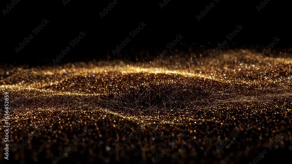 Poster golden digital sparkling particles wave on dark background. abstract futuristic data stream animatio