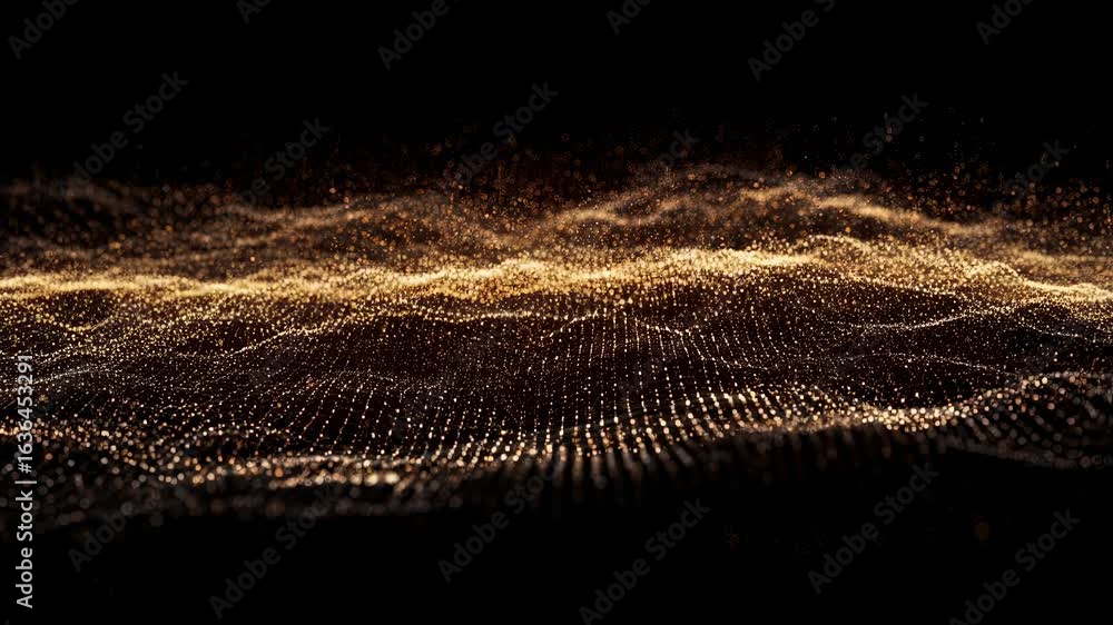 Poster abstract digital network wave with glowing gold particles on black background for technological inno