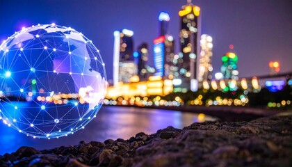 Futuristic digital globe with network connections representing global communication in a modern smart city at night.
