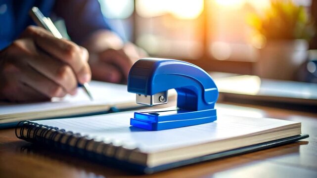 Hands writing on notebook with stapler