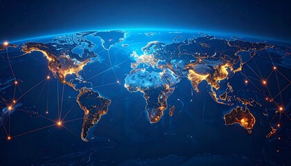 Global network connection concept. World map with glowing city lights viewed from space, showing interconnected communication lines.