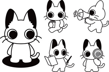 Black and White Cartoon Cat Character Set in Various Poses