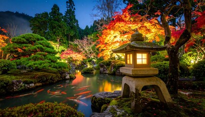 Illuminated Japanese Garden at Dusk with Koi Pond, Lantern, and Autumn Foliage