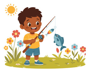 Cheerful cartoon of a little boy happily fishing and catching a fish on a sunny day