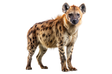 Spotted hyena standing alert isolated on black background