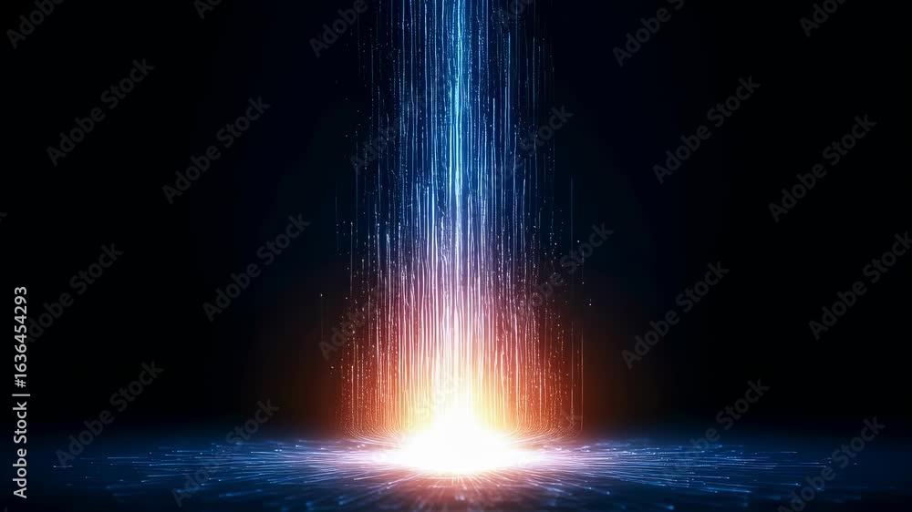 Poster bright glowing light particles forming a powerful beam on a dark background. digital flow of data co