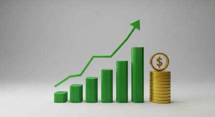 A 3D rendering of a green bar chart showing growth with an upward arrow and a stack of gold dollar coins.