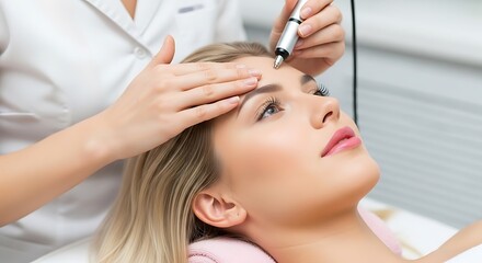 Naklejka premium Woman receiving facial treatment with handheld device in a beauty salon setting