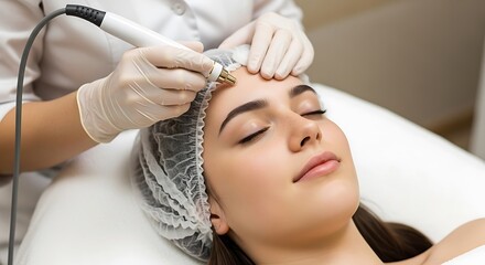 Woman receiving facial treatment with microdermabrasion tool in beauty salon