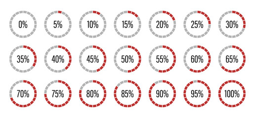 Progress bars. Template of red and gray color fill pie charts indicator. Round graph loading progress set. Circle diagrams icons for infographics from 0 to 100 percent. Round percentage infographics e