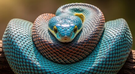 Fototapeta premium Beautiful Blue Snake Coiled on a Branch Close Up