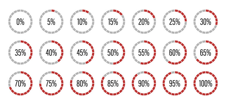 Progress bars. Template of red and gray color fill pie charts indicator. Round graph loading progress set. Circle diagrams icons for infographics from 0 to 100 percent. Round percentage infographics e