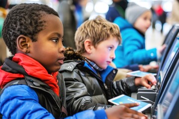 Children engaged in learning activities at interactive kiosks in a busy public space during a winter event
