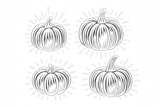 Four white pumpkins with stylized rays on a transparent background, ideal for autumn, halloween, or thanksgiving projects - Powered by Adobe