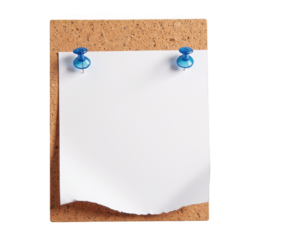 Blank corkboard with torn white paper pinned to it, ideal for notes or reminders. blue pushpins add pop of color to simple design