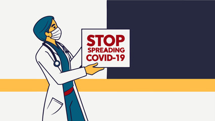 A doctor holding a 'Stop Spreading COVID-19' sign, urging the public to take action in halting the virus transmission.