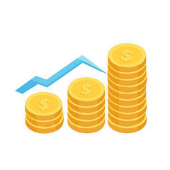 Growing stacks of gold coins and a blue upward trending graph isolated on transparent background