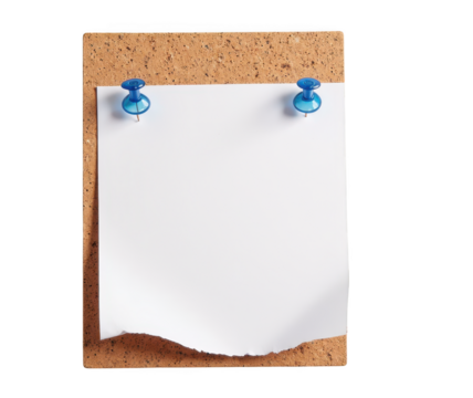 Blank corkboard with torn white paper pinned to it, ideal for notes or reminders. blue pushpins add pop of color to simple design