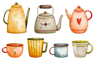 Autumn retro tea set clipart – hand-painted watercolor collection of vintage teapots and cups in warm fall colors for cozy kitchen decor, packaging, labels and seasonal illustrations..