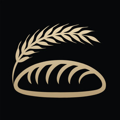 Golden wheat stalk curves over stylized loaf of bread on black background grain bakery