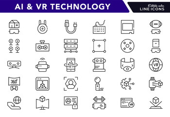 AI and VR technology linear icon set. Artificial intelligence, virtual reality, robot, headset, brain chip, machine learning, smart device, automation, innovation vector icon set. UI thin line pack.