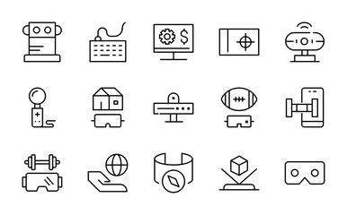 AI and VR technology linear icon set. Artificial intelligence, virtual reality, robot, headset, brain chip, machine learning, smart device, automation, innovation vector icon set. UI thin line pack.