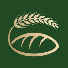 Golden wheat stalk arching over a loaf of bread on a dark green background grain bakery