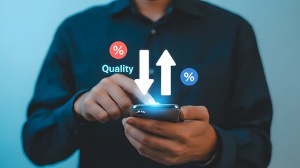 Smartphone user analyzing quality and percentage data with upward trend, modern technology concept