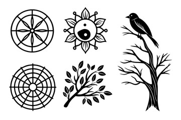 Fototapeta premium Buddhist symbols and bird isolated on white background