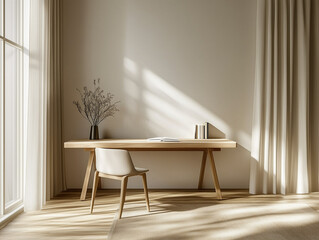 A tranquil Scandinavian home office with a clean wooden desk, a simple ergonomic chair, and a neutral-toned color palette.