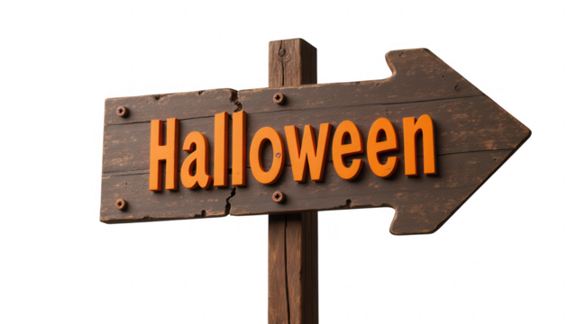 Halloween sign wooden arrow festive decoration autumn theme spooky season orange letters rustic style directional sign