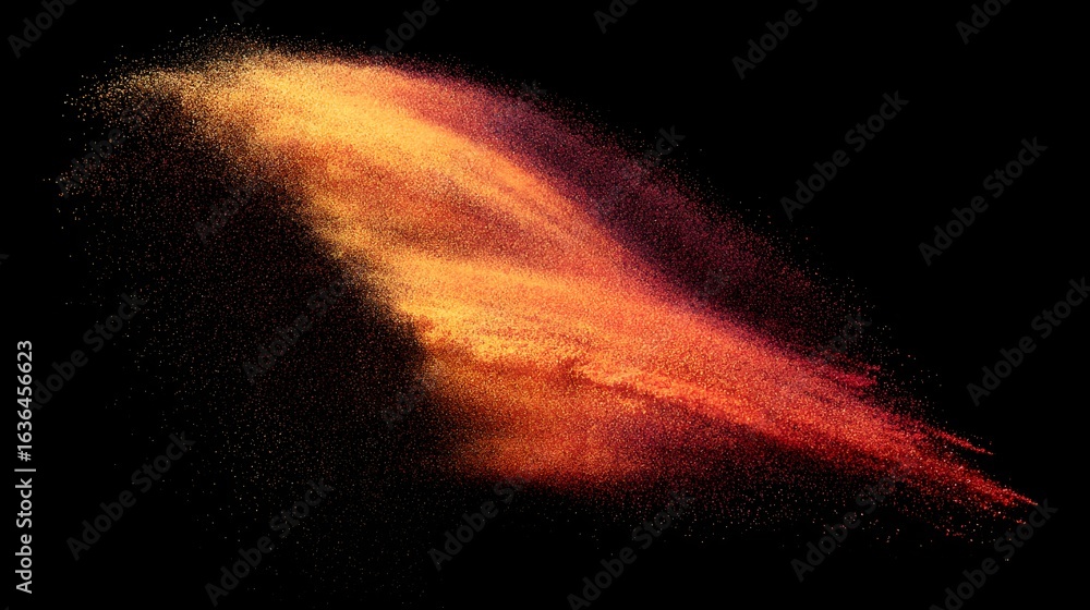 Poster abstract display of orange-red particles in motion against a black background.