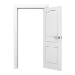 Slightly opened white modern door on transparent background, ideal for concepts related to new opportunities and change