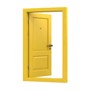 Yellow open door standing ajar against transparent background, representing opportunity and fresh starts with clean modern 3d rendering design