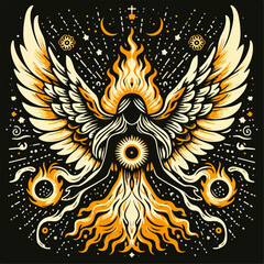 illustration of a person with wings emitting an aura of fire 