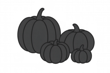 Dark grey pumpkins varying in size, grouped together, creating moody halloween atmosphere against transparent backdrop