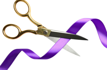 Vintage scissors slicing purple ribbon against transparent backdrop, symbolizing ceremonial inauguration moment