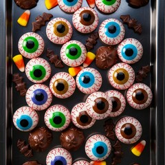Fototapeta premium A tray of halloween eyeball candies and chocolates with candy corn and bat decorations