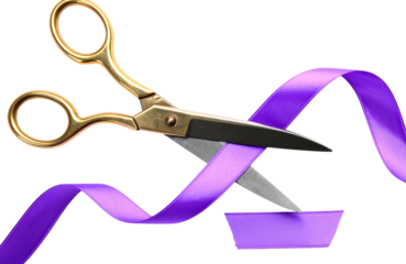 Vintage scissors slicing purple ribbon against transparent backdrop, symbolizing ceremonial inauguration moment