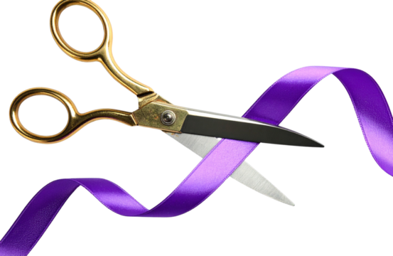 Vintage scissors slicing purple ribbon against transparent backdrop, symbolizing ceremonial inauguration moment