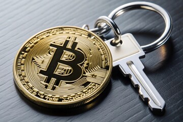 Key with a keychain in the shape of a bitcoin