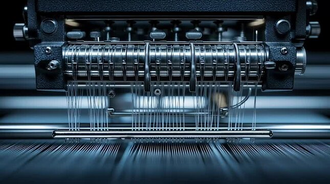 Modern industrial weaving machine with aligned threads creating fabric in a high-precision automated process